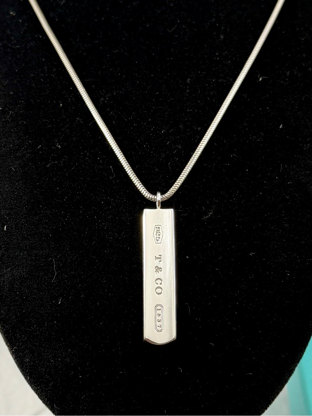TIFFANY & CO. Sterling Silver 1837 Bar Pendant Snake Chain 18” Necklace; COA